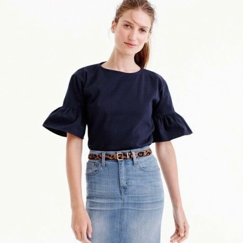 J. Crew Ruffle Sleeve Shirt Navy‎ Blue XXS Cotton Short Sleeve
